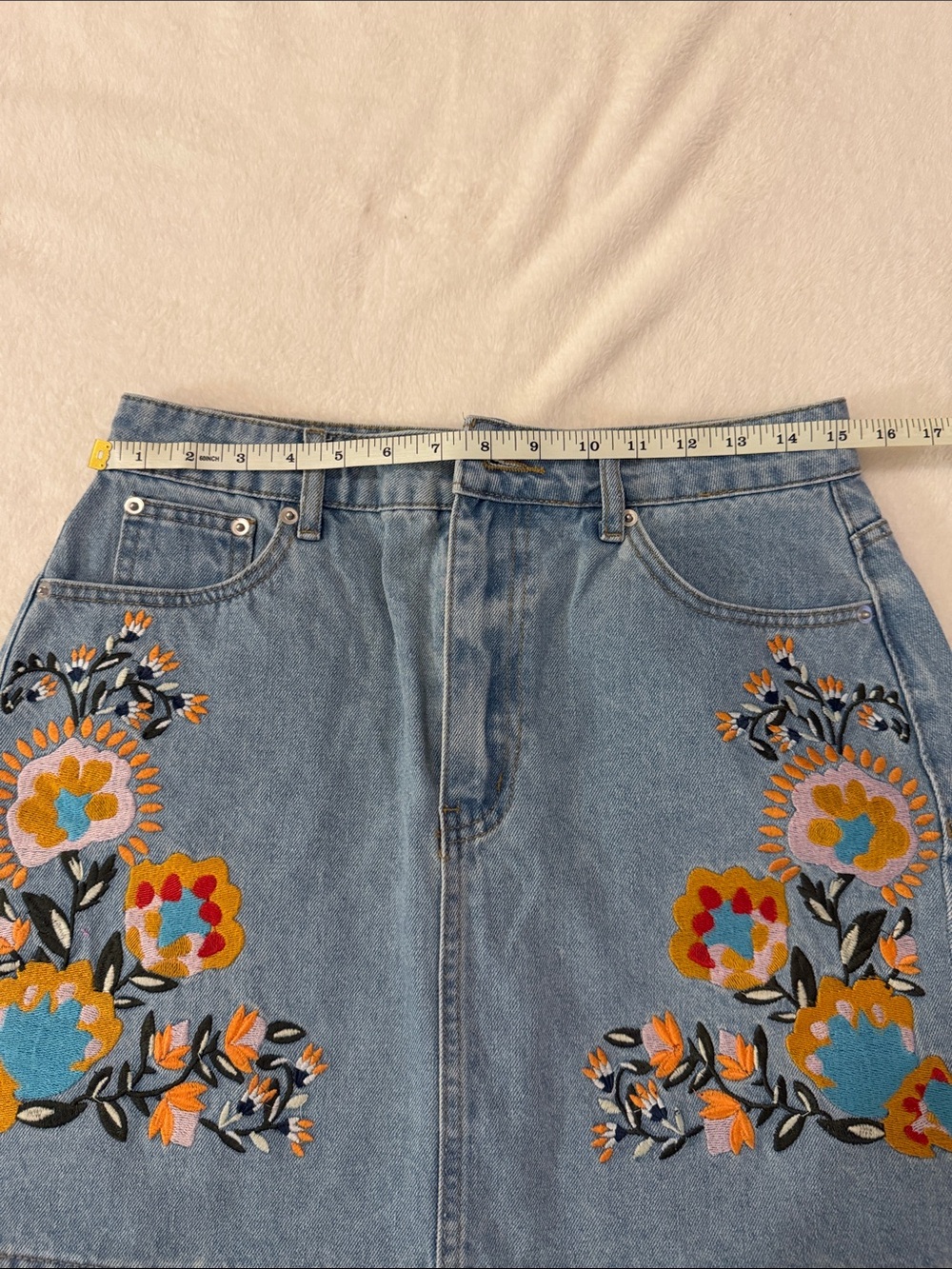 Embroidered Floral Denim Skirt - Blue - Picture 4 of 7